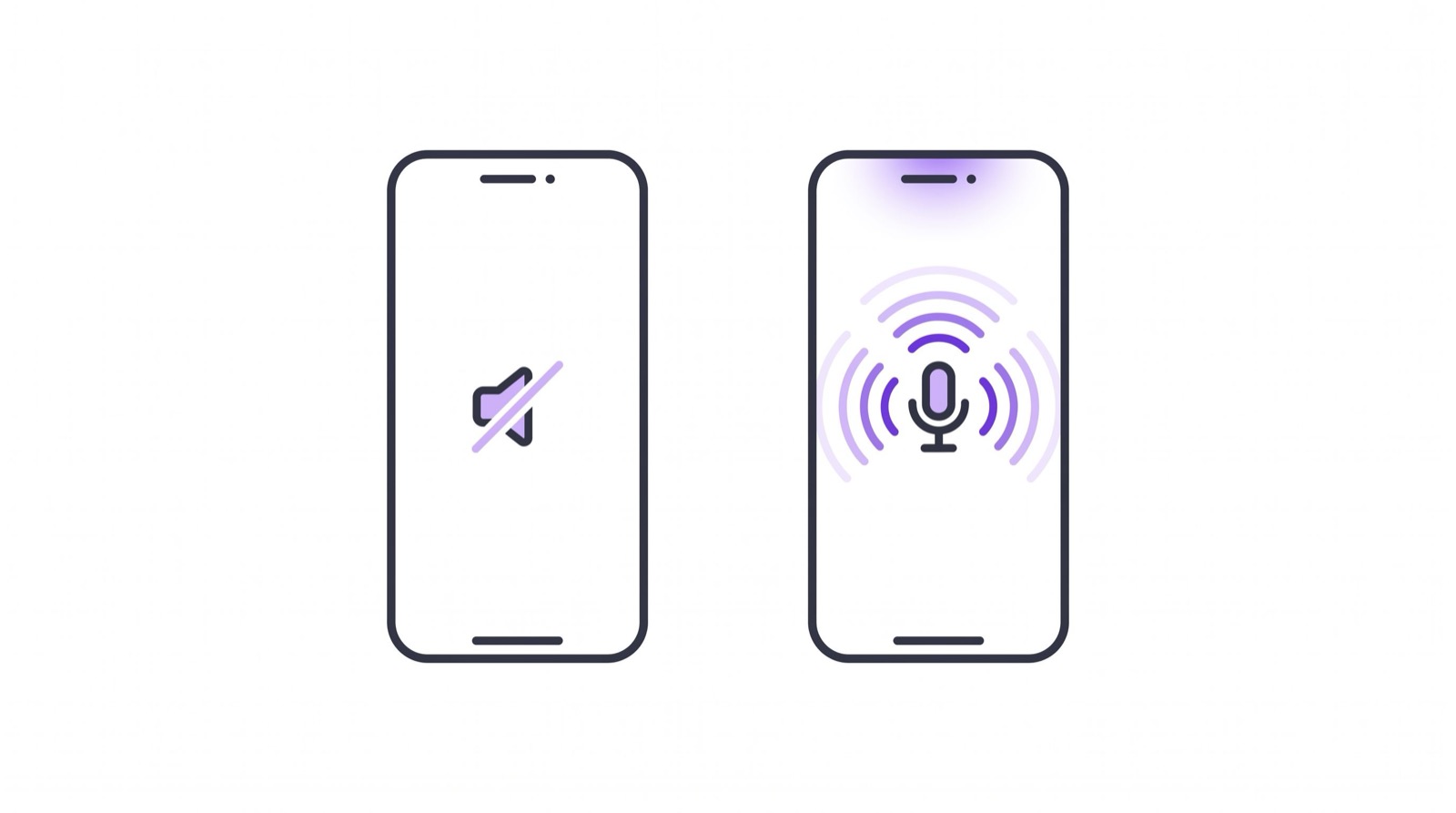 Dos teléfonos comparados: uno con un altavoz tachado que representa las apps silenciosas y otro con un micrófono y ondas de sonido que representa las apps donde hablas