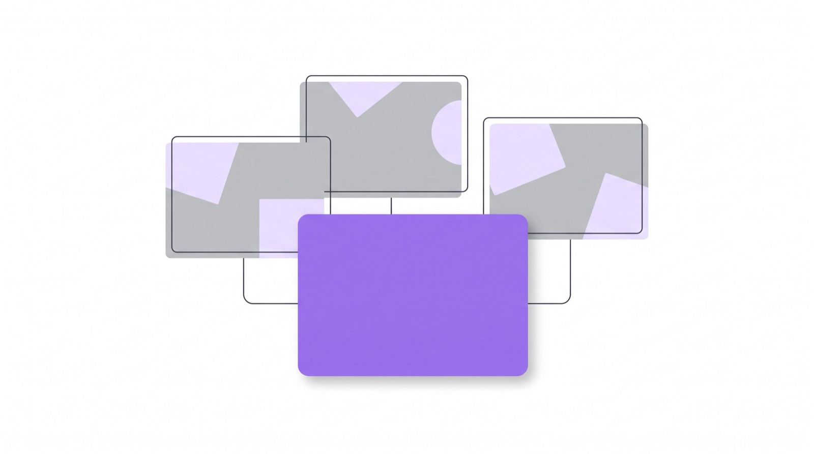 Paneles de comparación abstractos flotando sobre un fondo claro, con un panel morado ligeramente adelante del resto
