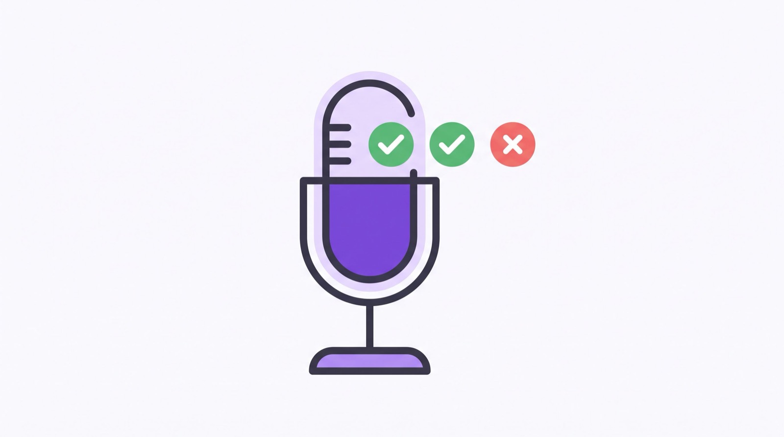 Un micrófono grande rodeado de marcas de verificación verdes y una cruz roja, representando el feedback de voz palabra por palabra