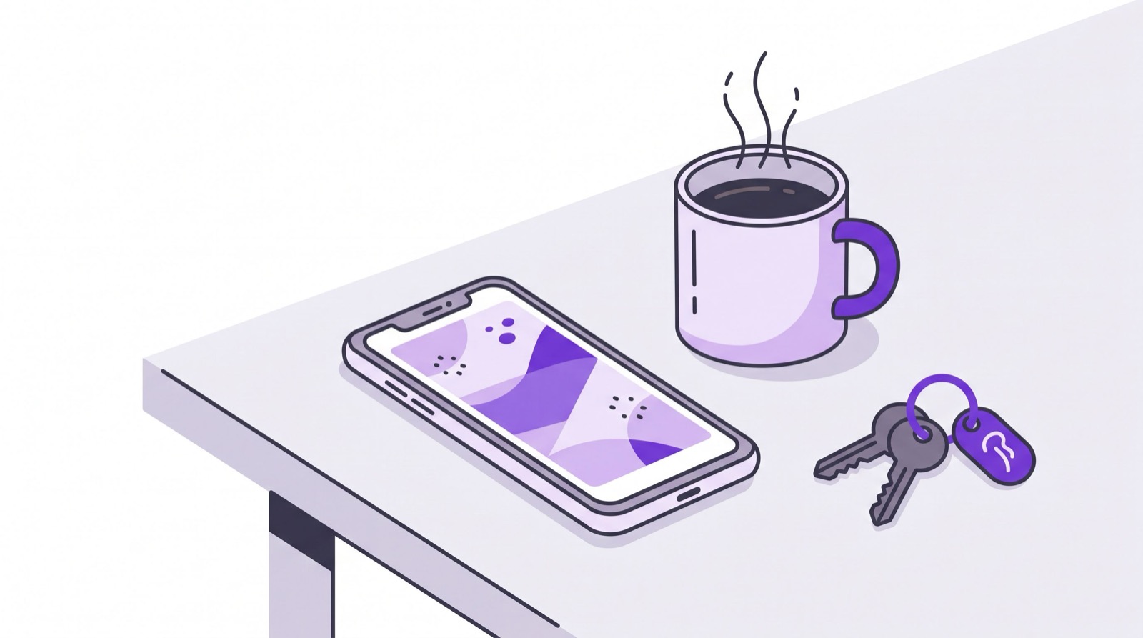 Un teléfono sobre una mesa muestra el recordatorio de práctica diaria de inglés junto a una taza de café y unas llaves