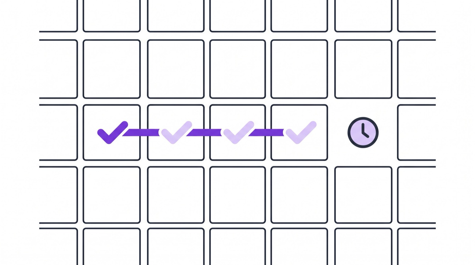 Calendario mensual con una racha de marcas moradas de días completados y un reloj