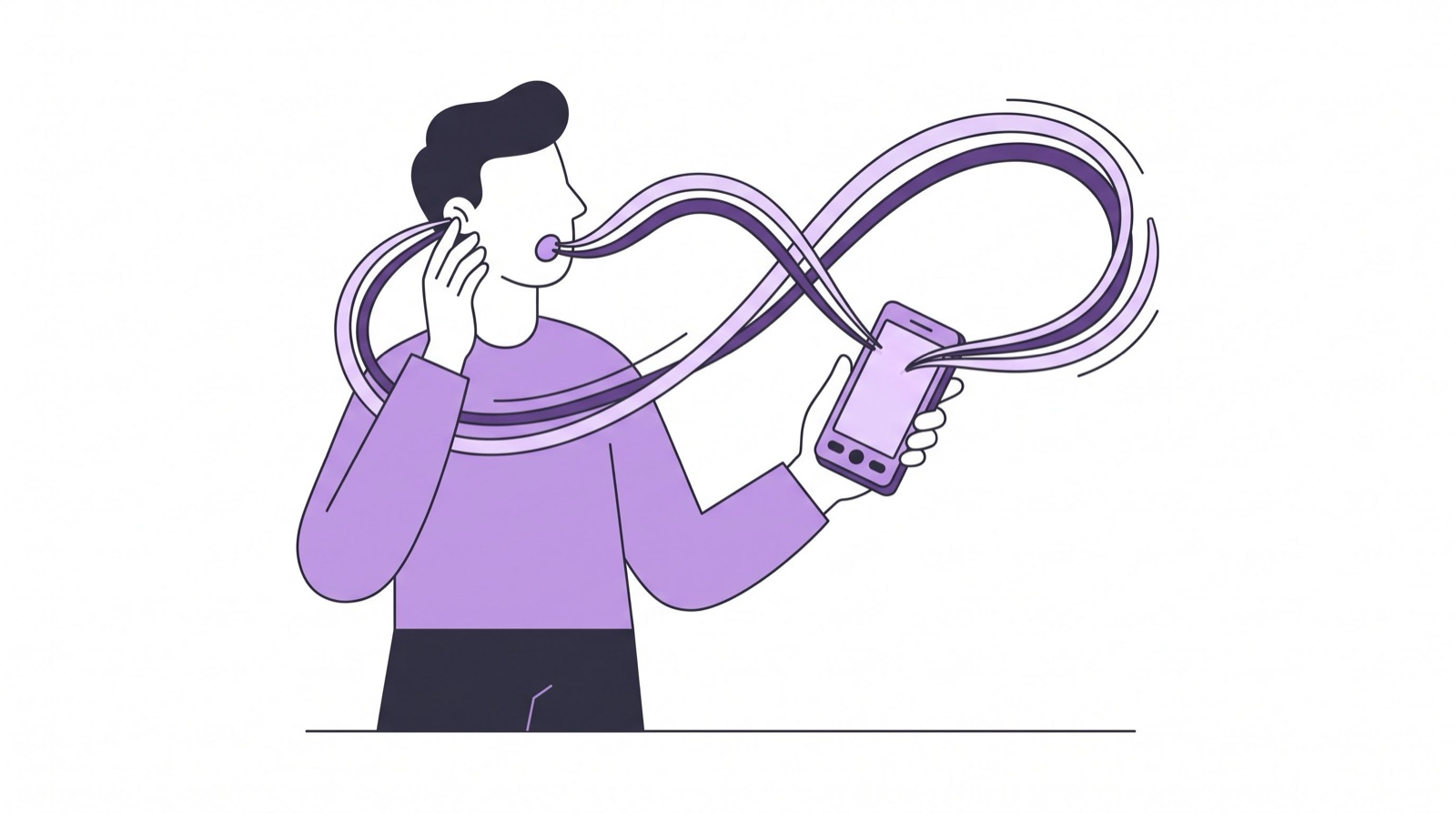 Persona conversando con su teléfono, con ondas de sonido de ida y vuelta entre ambos